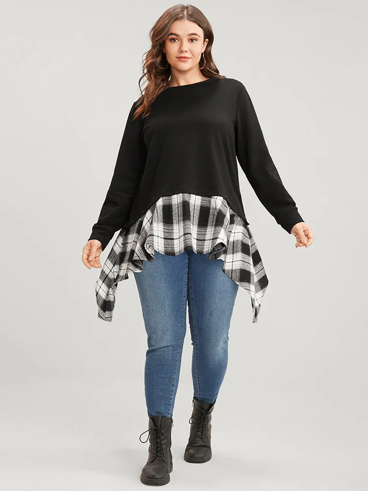 Tartan Patchwork Round Neck Asymmetrical Hem Sweatshirt sold by Bloomchic product image thumbnail 3