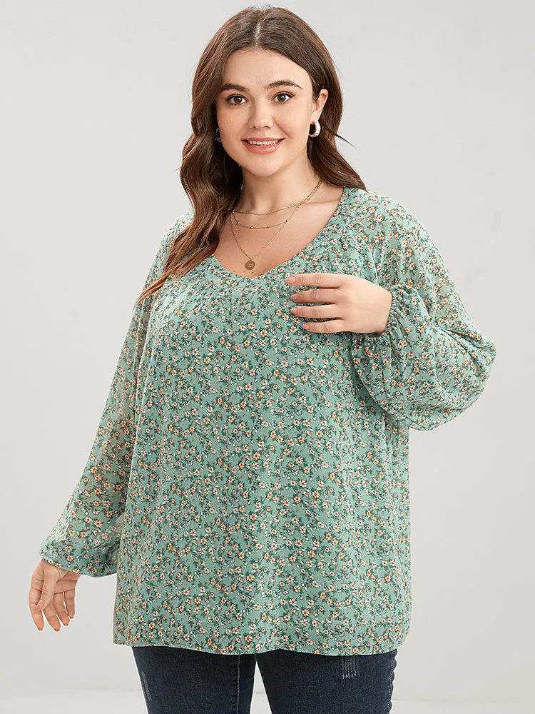 Ditsy Floral Lantern Sleeve V Neck Blouse sold by Bloomchic