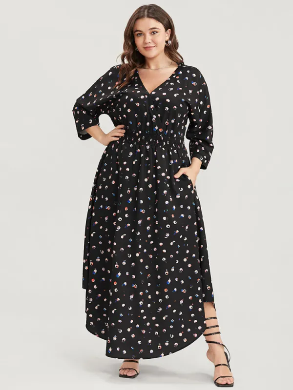Graphic Pocket Surplice Neck Shirred Arc Hem Dress sold by Bloomchic