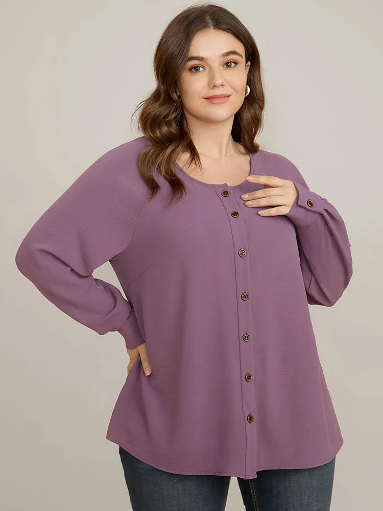 Solid Button Up Crew Neck Blouse sold by Bloomchic
