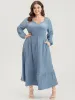 Solid Textured Notched Pocket Lantern Sleeve Ruffle Hem Dress sold by Bloomchic