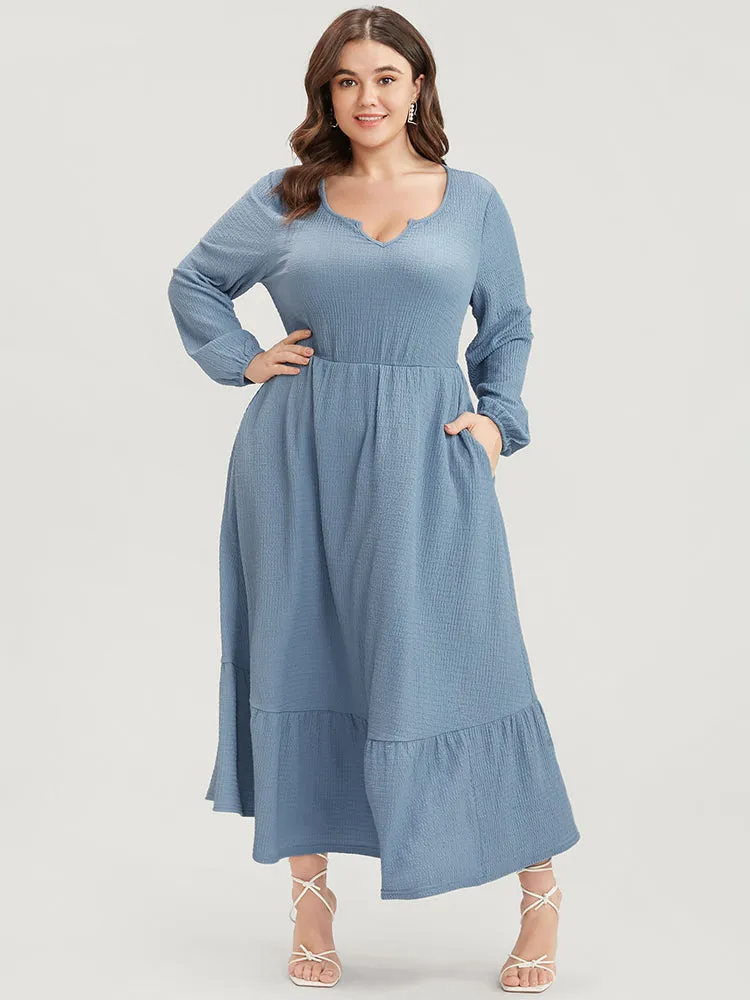 Solid Textured Notched Pocket Lantern Sleeve Ruffle Hem Dress sold by Bloomchic product image thumbnail 2