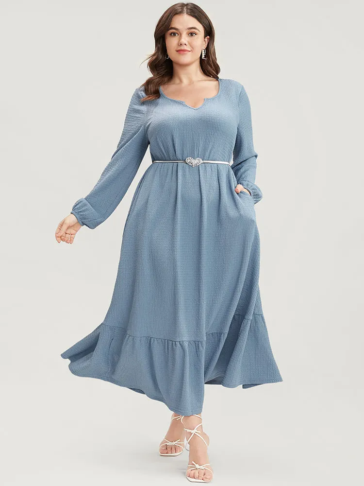 Solid Textured Notched Pocket Lantern Sleeve Ruffle Hem Dress sold by Bloomchic product image thumbnail 3