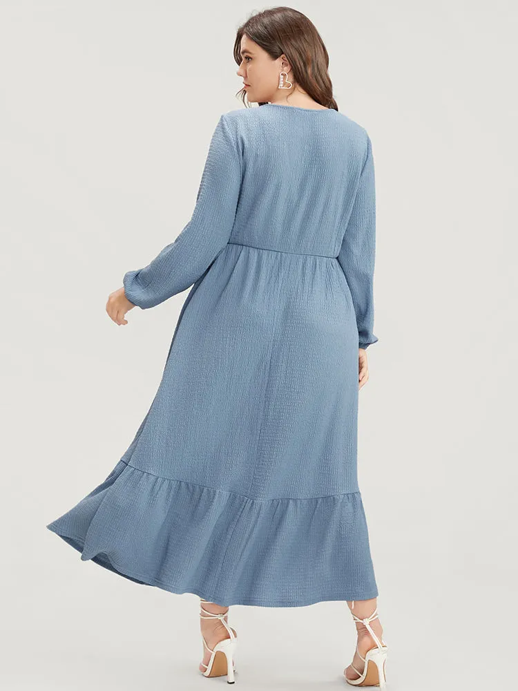 Solid Textured Notched Pocket Lantern Sleeve Ruffle Hem Dress sold by Bloomchic product image thumbnail 4