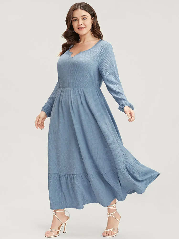 Solid Textured Notched Pocket Lantern Sleeve Ruffle Hem Dress sold by Bloomchic