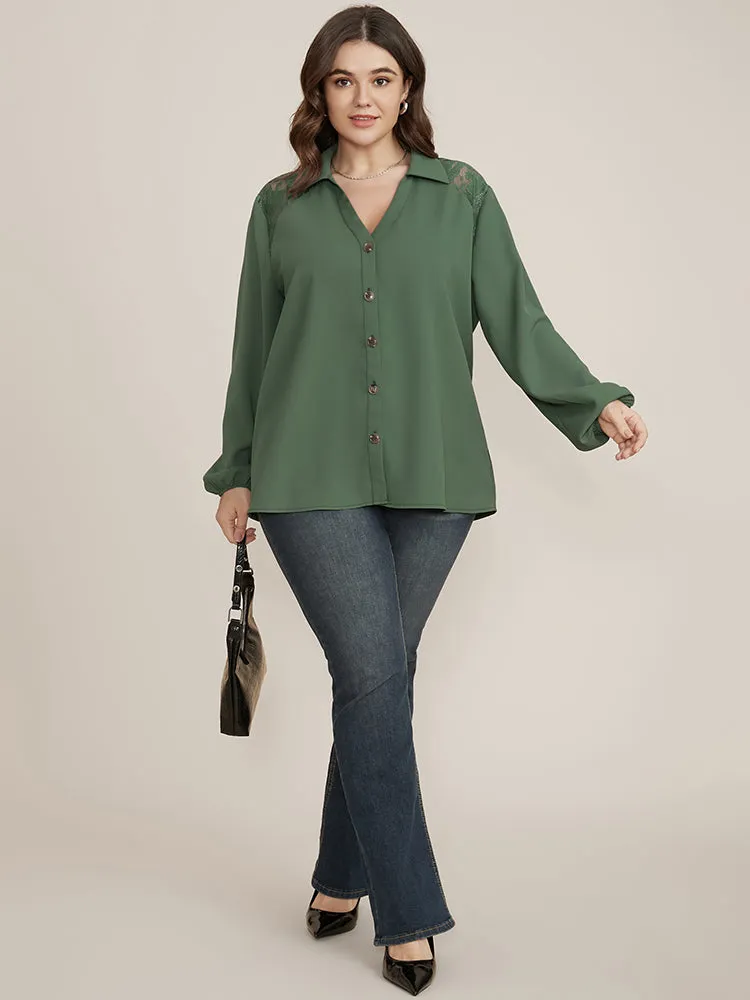 Solid Button Up Lantern Sleeve Contrast Lace Blouse sold by Bloomchic product image thumbnail 4