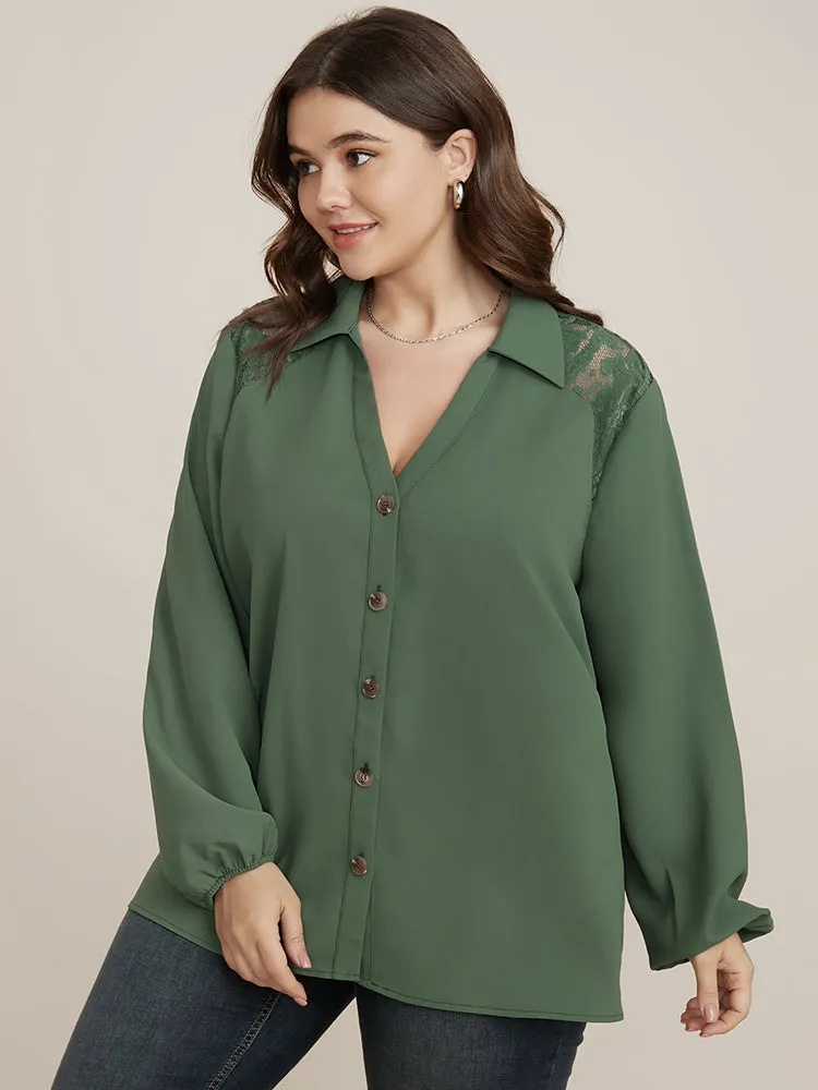 Solid Button Up Lantern Sleeve Contrast Lace Blouse sold by Bloomchic