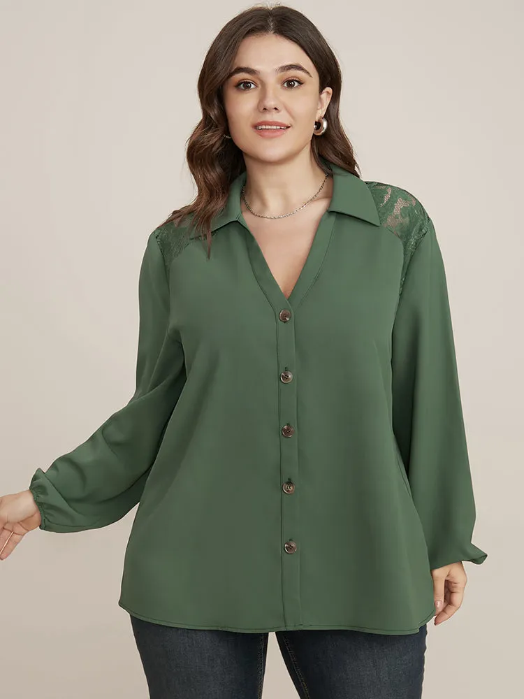 Solid Button Up Lantern Sleeve Contrast Lace Blouse sold by Bloomchic product image thumbnail 2