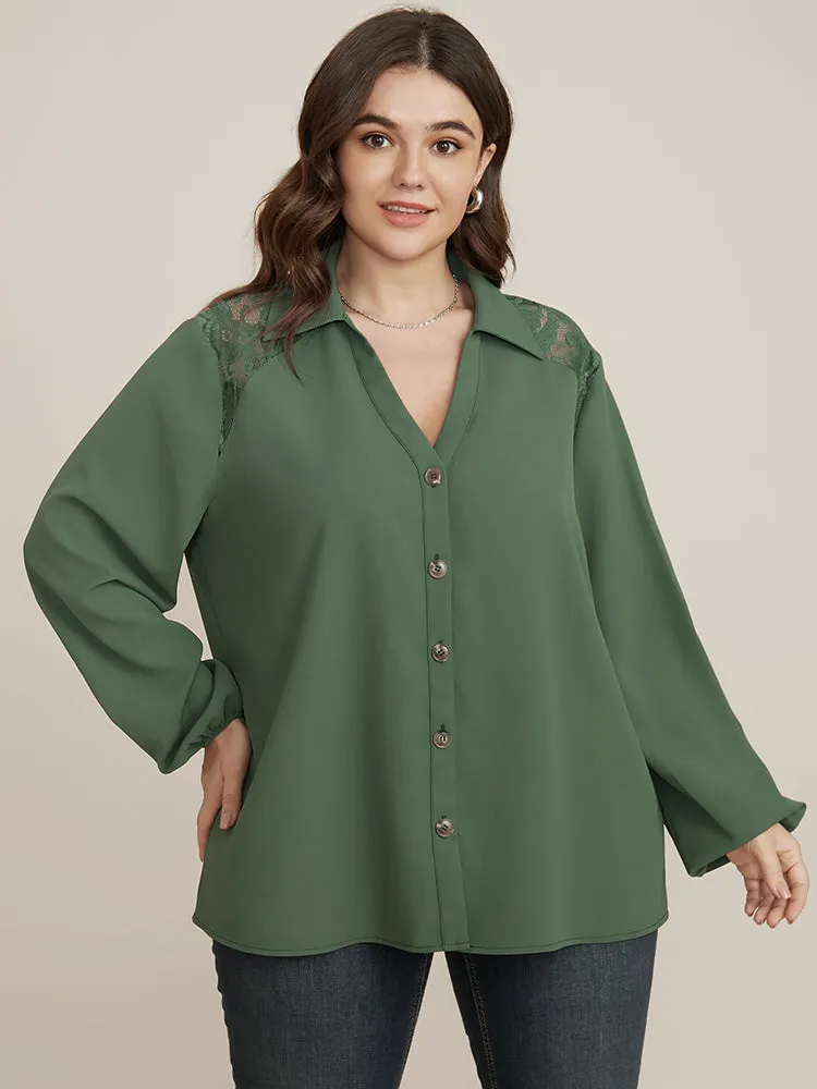 Solid Button Up Lantern Sleeve Contrast Lace Blouse sold by Bloomchic product image thumbnail 3