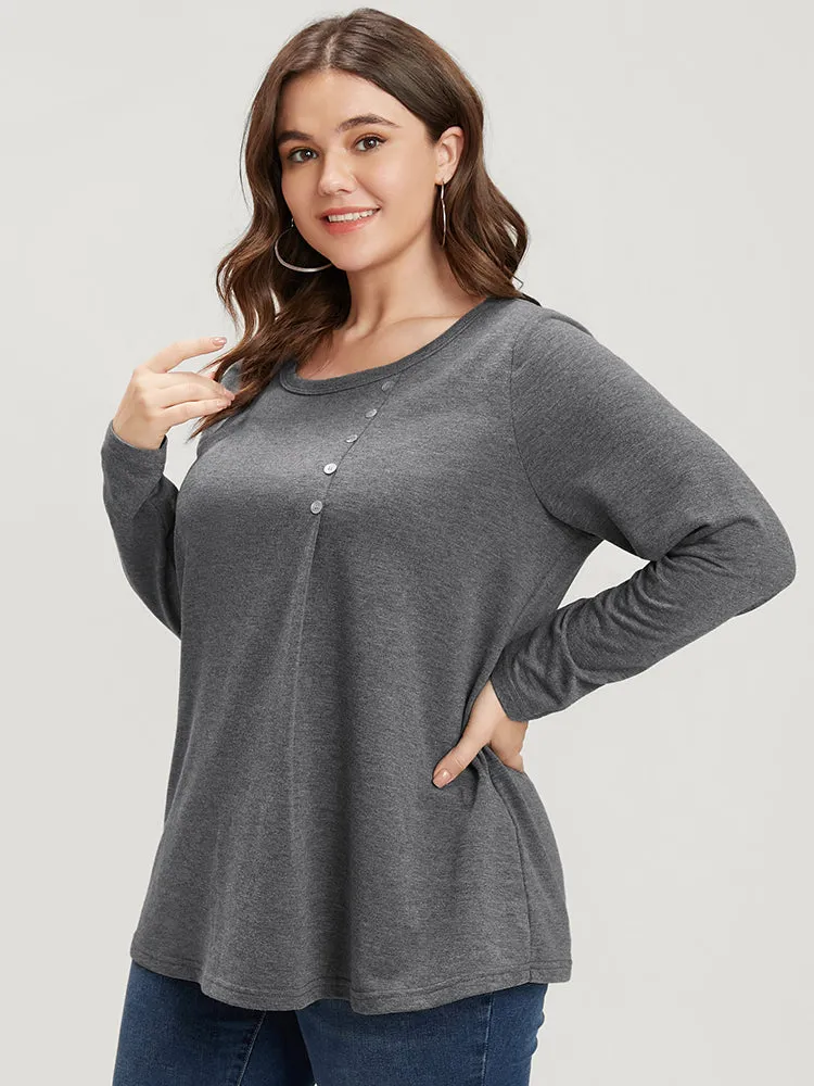 Solid Crew Neck Button Detail Long Tee sold by Bloomchic