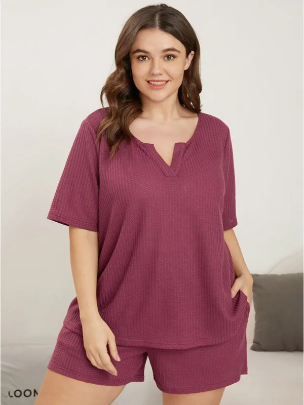 Solid Notched Waffle Knit Sleep Top sold by Bloomchic