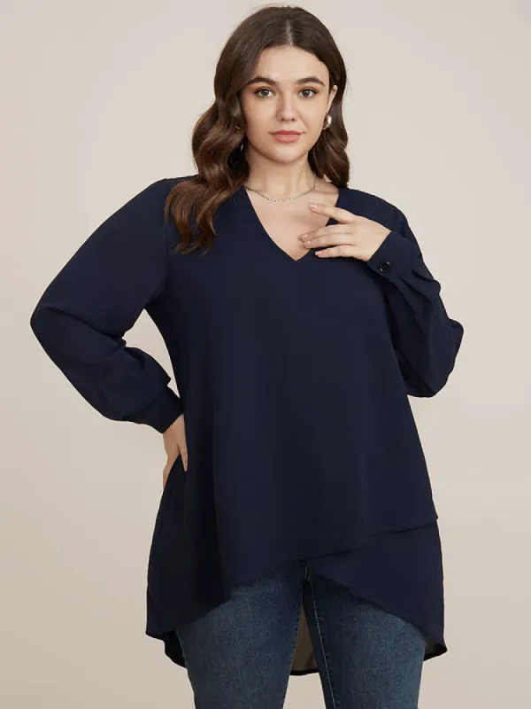 Solid V Neck High Low Hem Blouse sold by Bloomchic