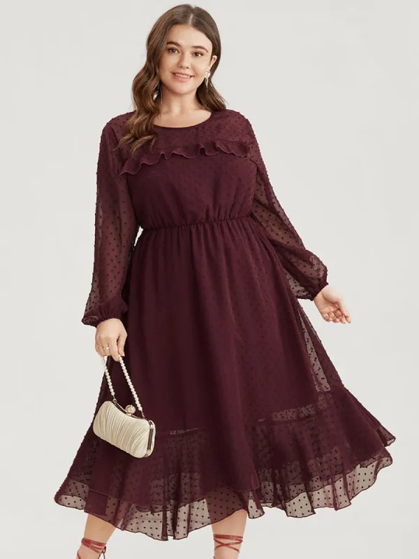 Polka Dot Mesh Lantern Sleeve Pocket Ruffle Midi Dress made by Bloomchic