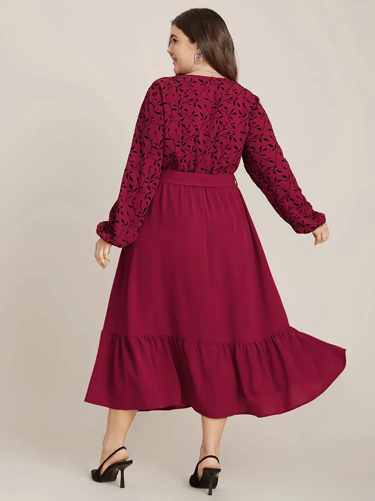Plant Print Lantern Sleeve Pocket Belted Ruffles Hem Dress sold by Bloomchic product image thumbnail 4