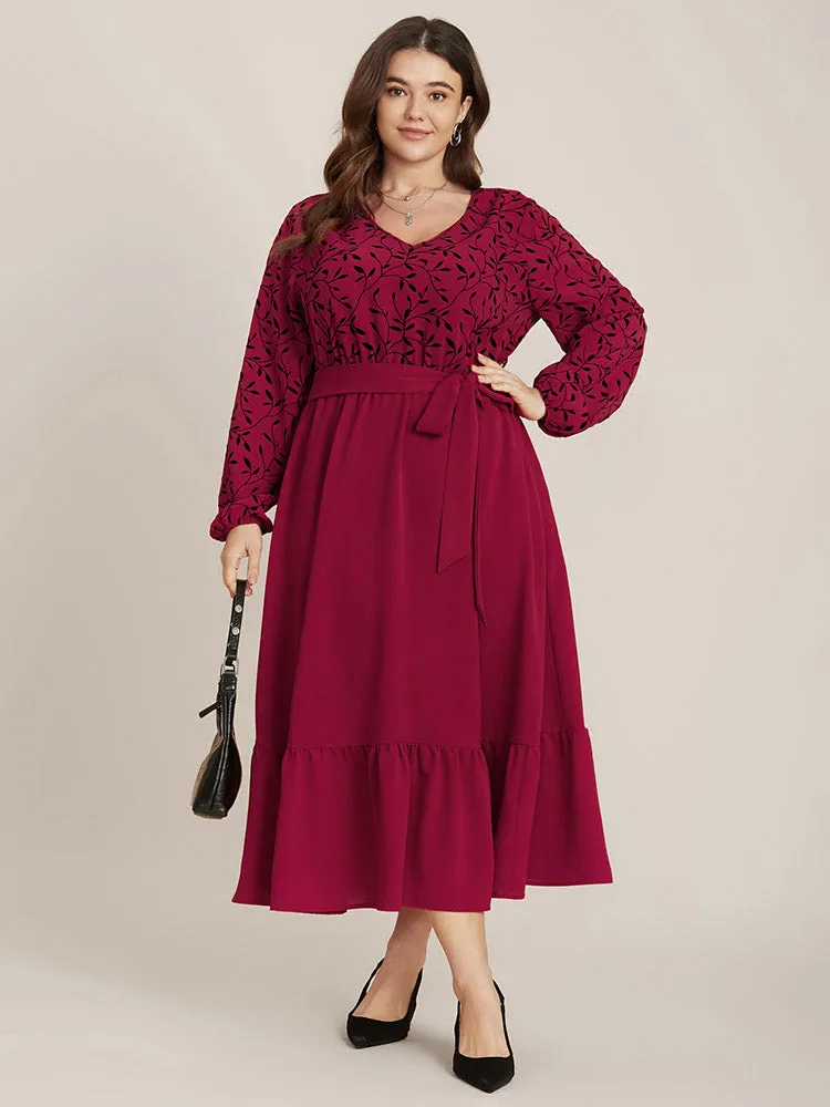 Plant Print Lantern Sleeve Pocket Belted Ruffles Hem Dress sold by Bloomchic