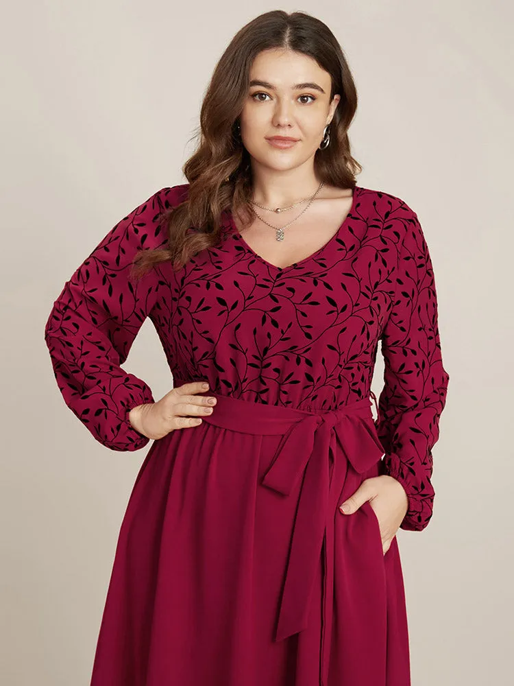 Plant Print Lantern Sleeve Pocket Belted Ruffles Hem Dress sold by Bloomchic product image thumbnail 5