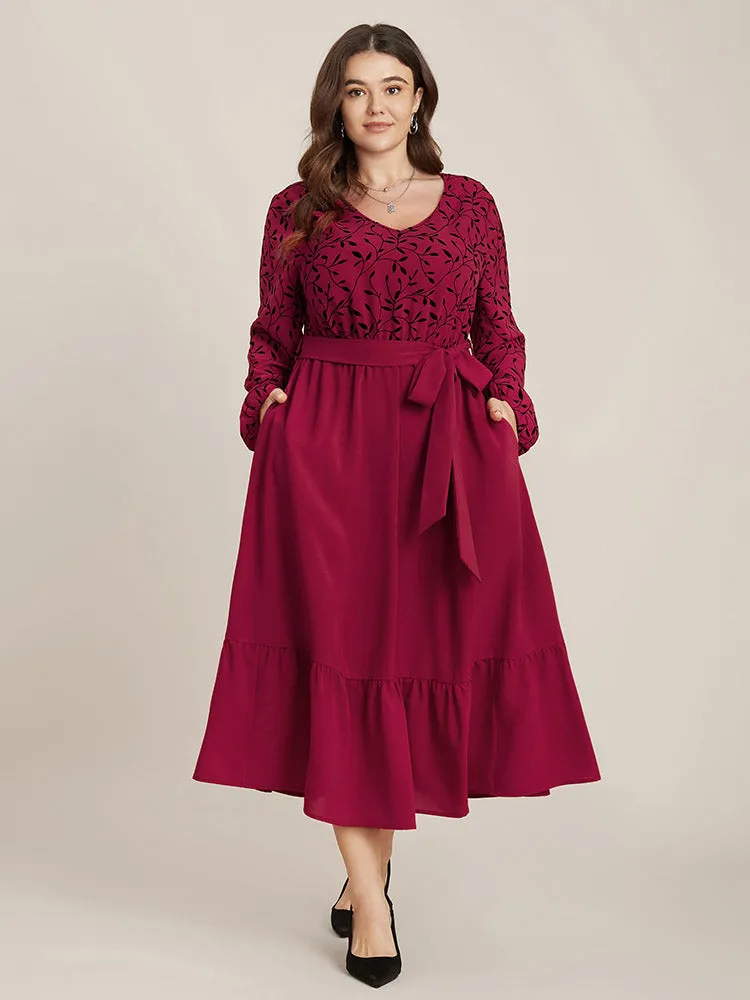 Plant Print Lantern Sleeve Pocket Belted Ruffles Hem Dress sold by Bloomchic product image thumbnail 2