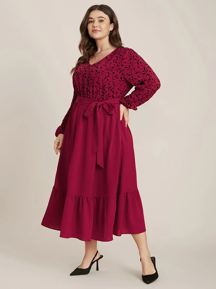 Plant Print Lantern Sleeve Pocket Belted Ruffles Hem Dress sold by Bloomchic product image thumbnail 3