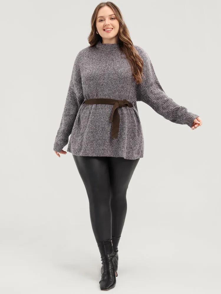 Solid Pointelle Knit Mock Neck Belted Heather Knit Top sold by Bloomchic product image thumbnail 4