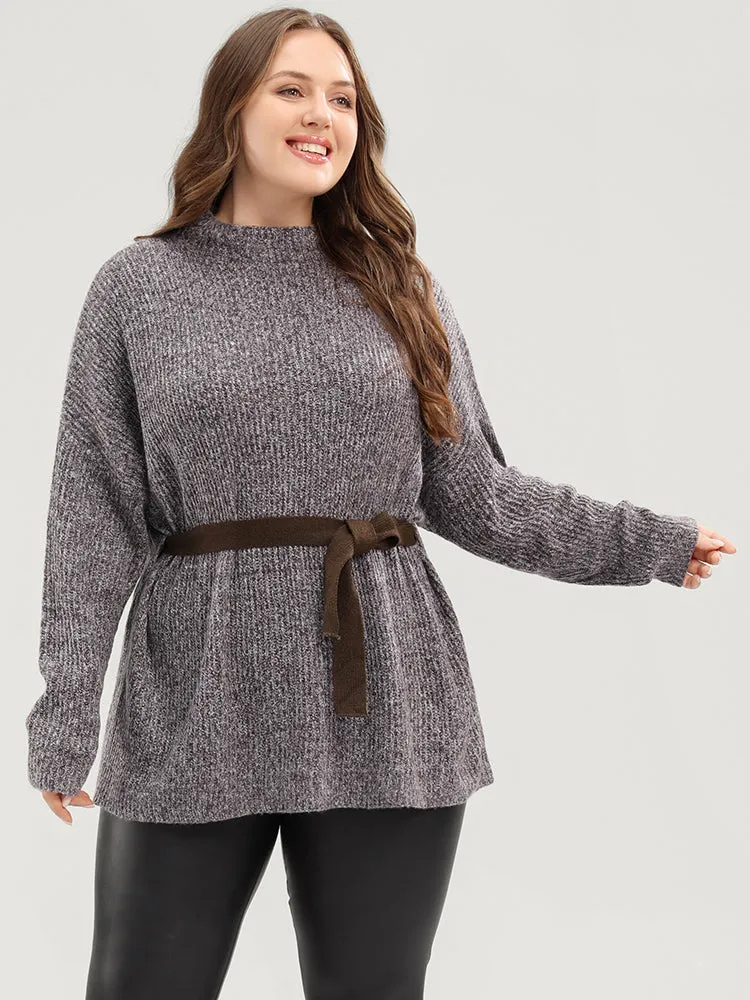 Solid Pointelle Knit Mock Neck Belted Heather Knit Top sold by Bloomchic