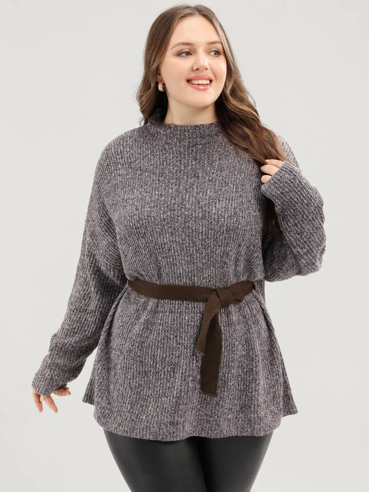 Solid Pointelle Knit Mock Neck Belted Heather Knit Top sold by Bloomchic product image thumbnail 2