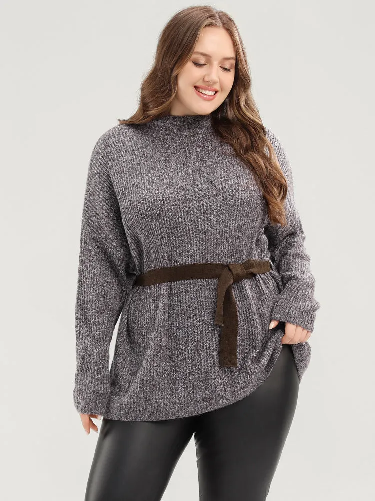 Solid Pointelle Knit Mock Neck Belted Heather Knit Top sold by Bloomchic product image thumbnail 3
