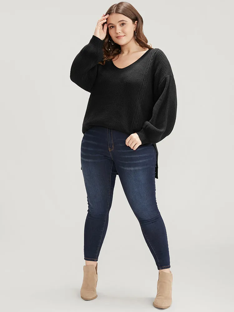 Solid Pointelle Knit Lantern Sleeve Cut Out Split Knit Top sold by Bloomchic product image thumbnail 4