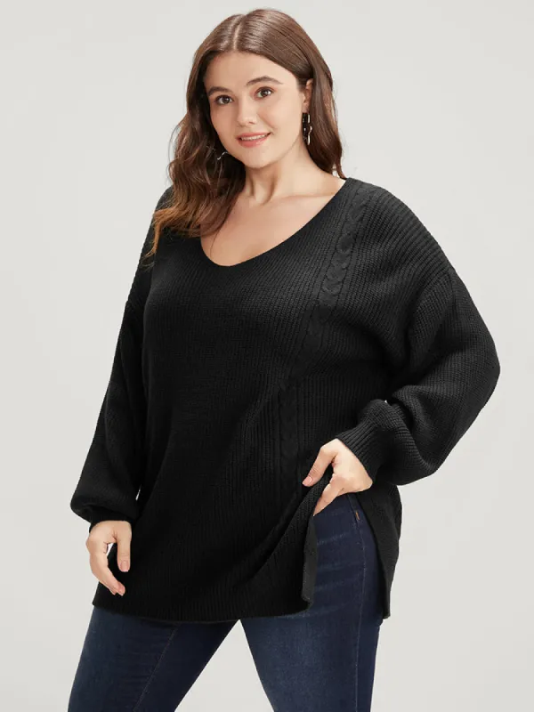 Solid Pointelle Knit Lantern Sleeve Cut Out Split Knit Top sold by Bloomchic