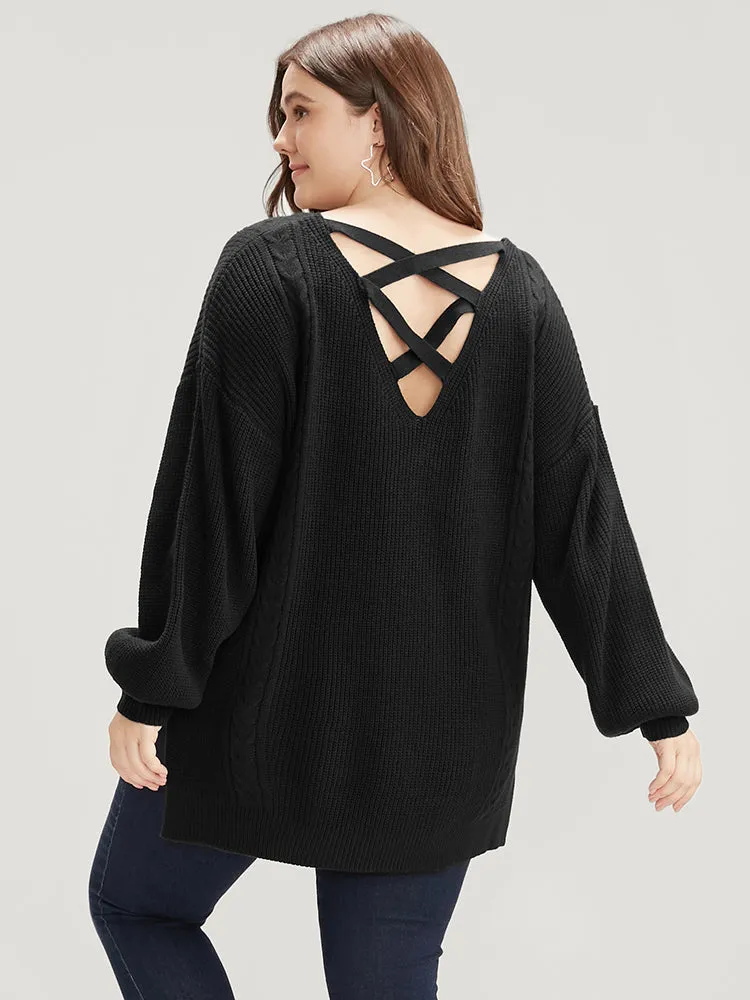 Solid Pointelle Knit Lantern Sleeve Cut Out Split Knit Top sold by Bloomchic product image thumbnail 5