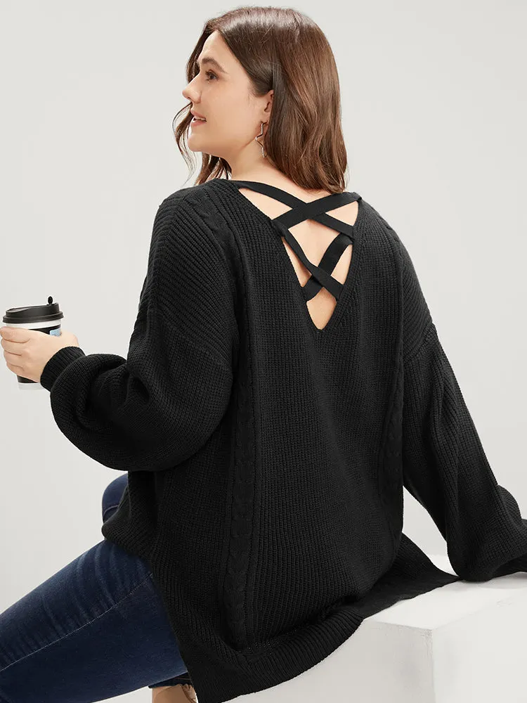 Solid Pointelle Knit Lantern Sleeve Cut Out Split Knit Top sold by Bloomchic product image thumbnail 2