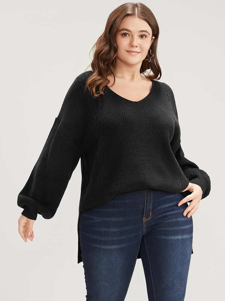 Solid Pointelle Knit Lantern Sleeve Cut Out Split Knit Top sold by Bloomchic product image thumbnail 3