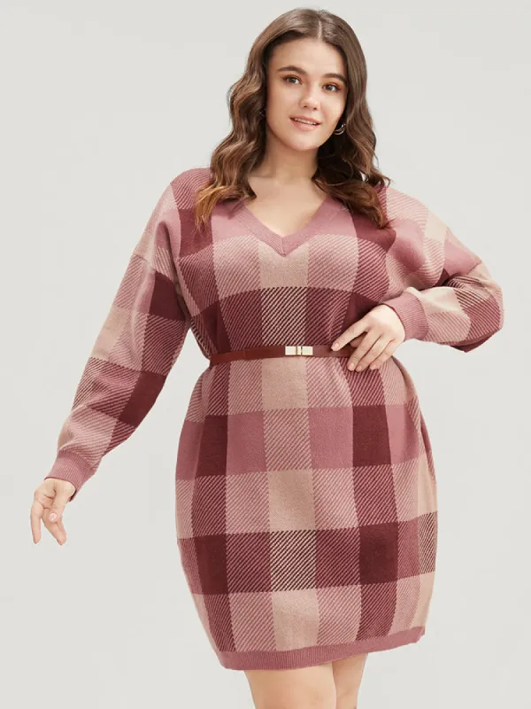 Plaid Contrast Pointelle Knit V Neck Sweater Dress sold by Bloomchic
