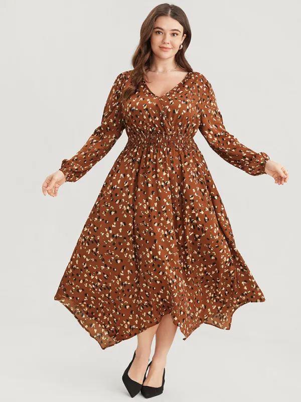 Allover Print Shirred Pocket Surplice Neck Hanky Hem Dress sold by Bloomchic