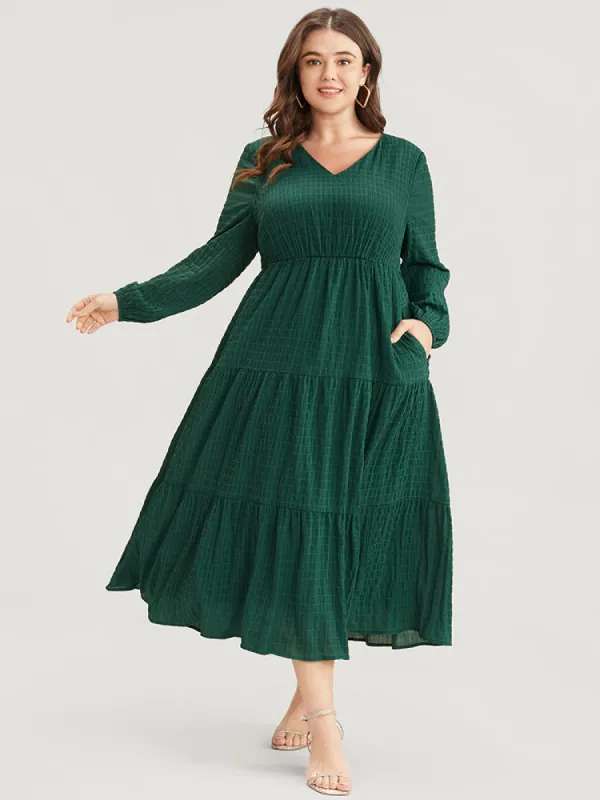 Solid V Neck Lantern Sleeve Pocket Gingham Flutter Dress sold by Bloomchic
