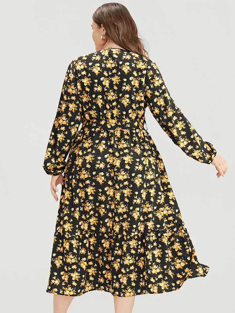 Floral Printed Pocket Lantern Sleeve Belted Wrap Midi Dress sold by Bloomchic product image thumbnail 5