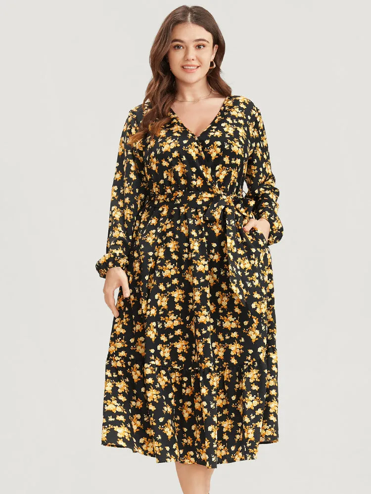 Floral Printed Pocket Lantern Sleeve Belted Wrap Midi Dress sold by Bloomchic product image thumbnail 2