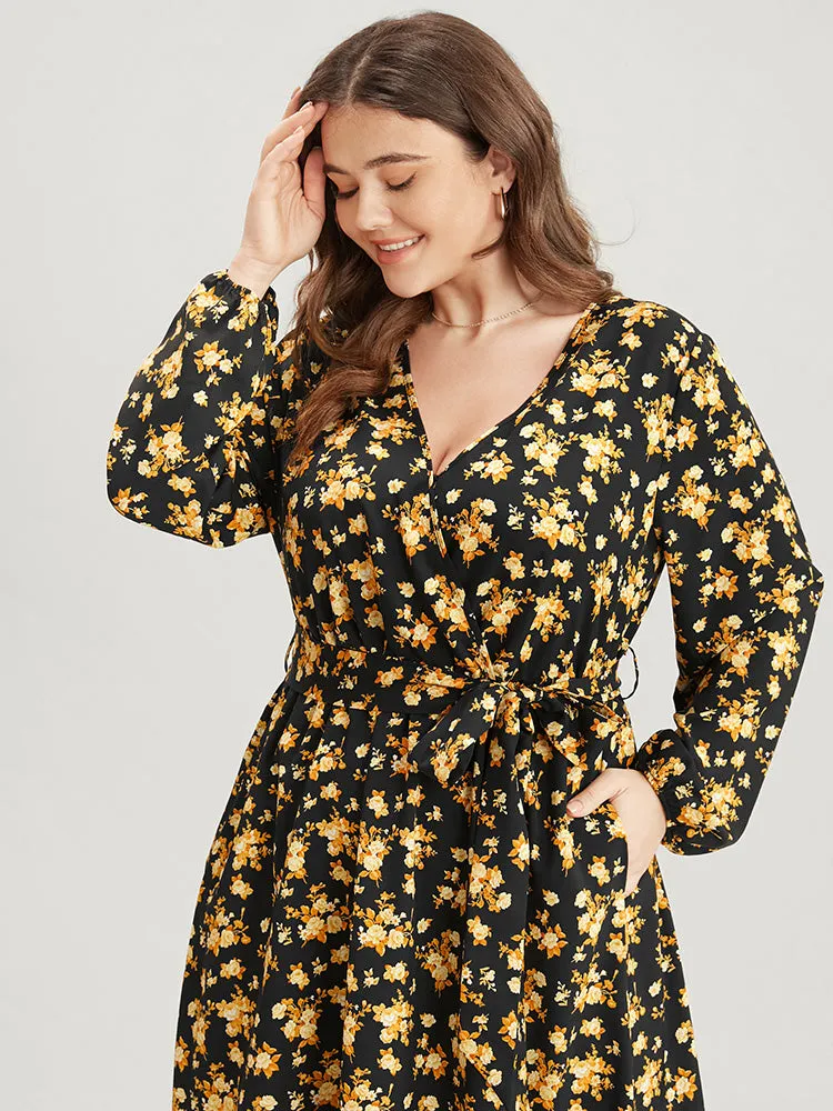 Floral Printed Pocket Lantern Sleeve Belted Wrap Midi Dress sold by Bloomchic product image thumbnail 3