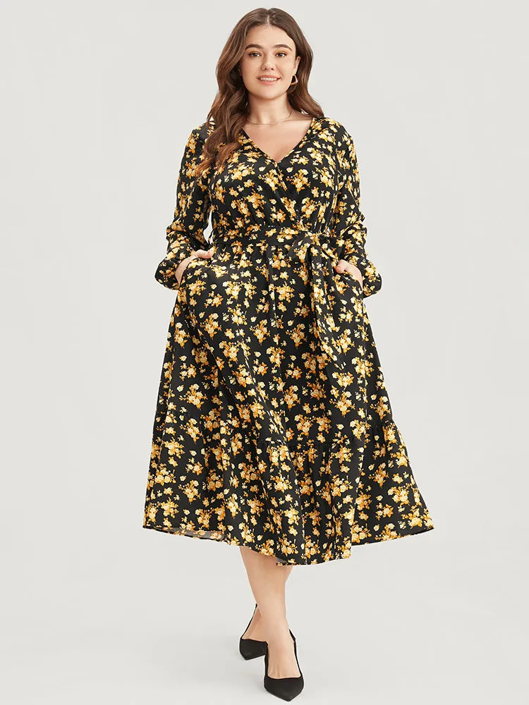 Floral Printed Pocket Lantern Sleeve Belted Wrap Midi Dress sold by Bloomchic product image thumbnail 4