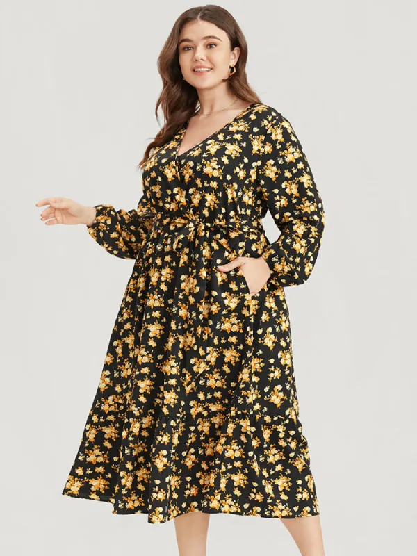 Floral Printed Pocket Lantern Sleeve Belted Wrap Midi Dress sold by Bloomchic