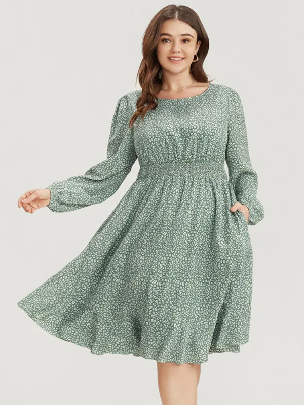 Leopard Print Lantern Sleeve Shirred Pocket Flutter Knee Dress sold by Bloomchic