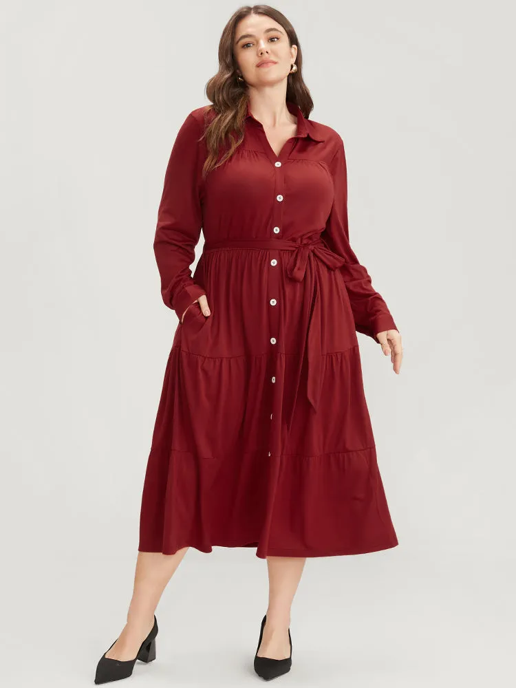 Solid Pocket Button Up Belted Flutter Dress sold by Bloomchic product image thumbnail 3