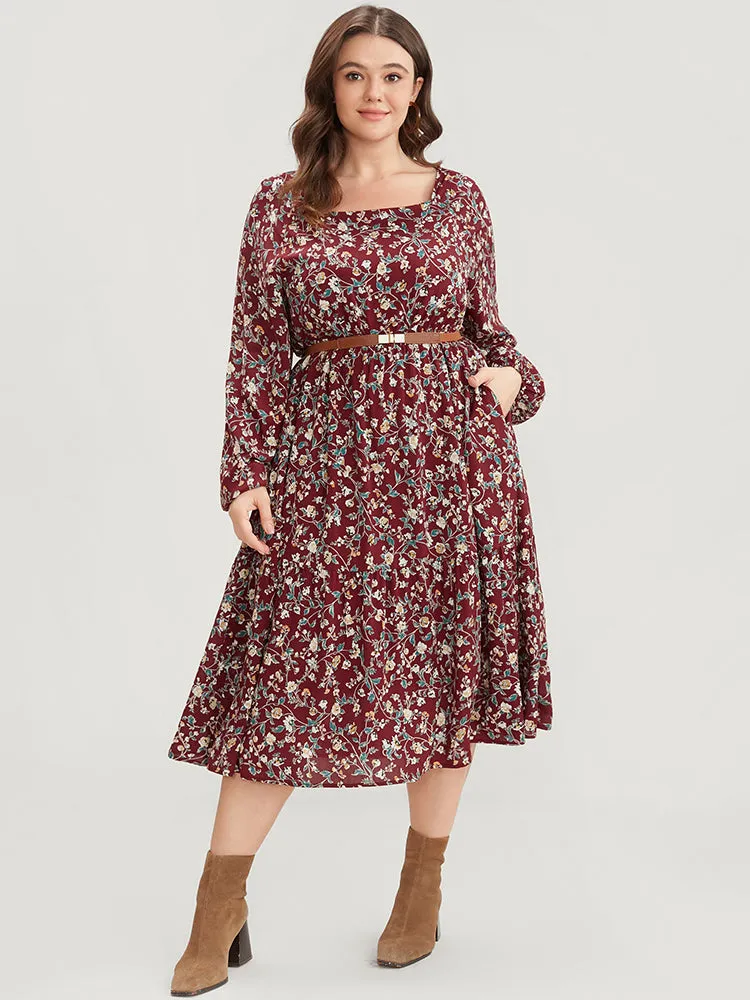 Floral Pocket Lantern Sleeve Square Neck Flutter Dress sold by Bloomchic