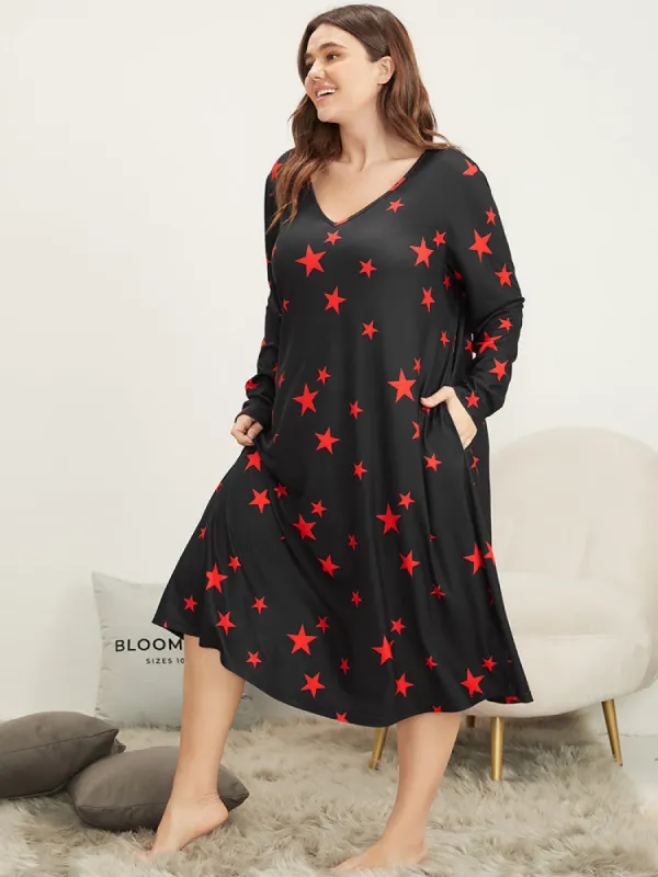 Star Print V Neck Pocket Sleep Dress sold by Bloomchic