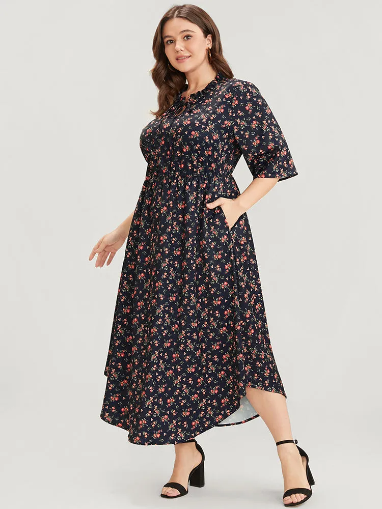 Ditsy Floral Frill Trim Tie Neck Pocket Arc Hem Dress sold by Bloomchic product image thumbnail 3