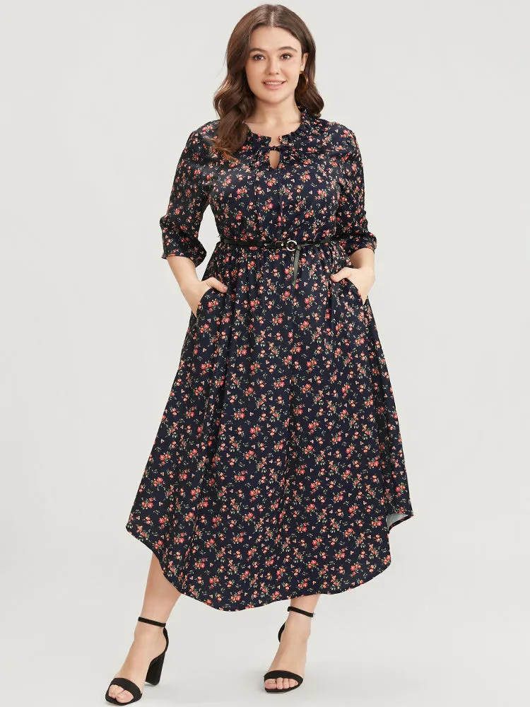 Ditsy Floral Frill Trim Tie Neck Pocket Arc Hem Dress sold by Bloomchic
