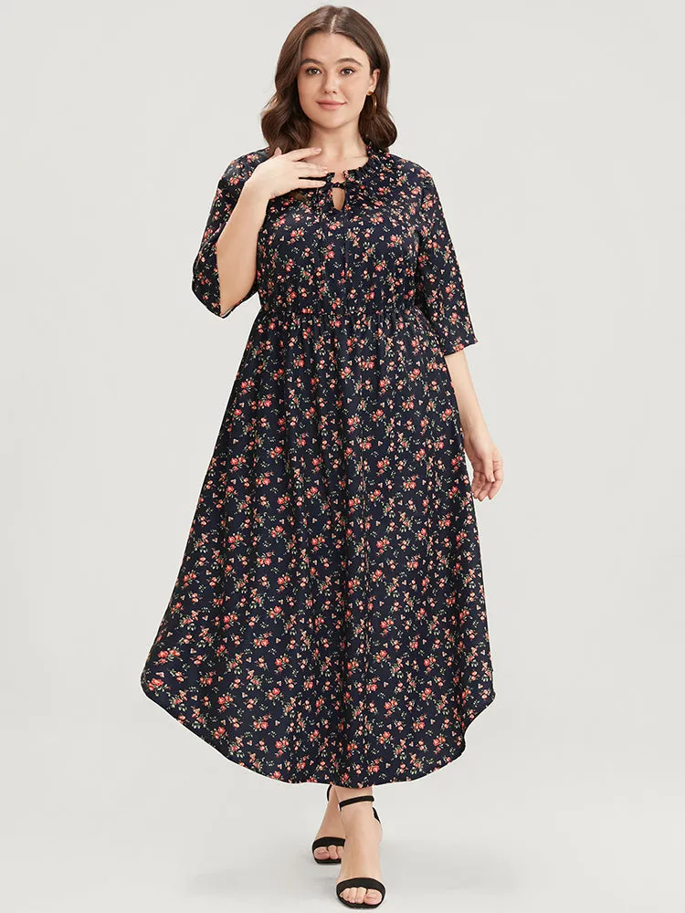 Ditsy Floral Frill Trim Tie Neck Pocket Arc Hem Dress sold by Bloomchic product image thumbnail 2