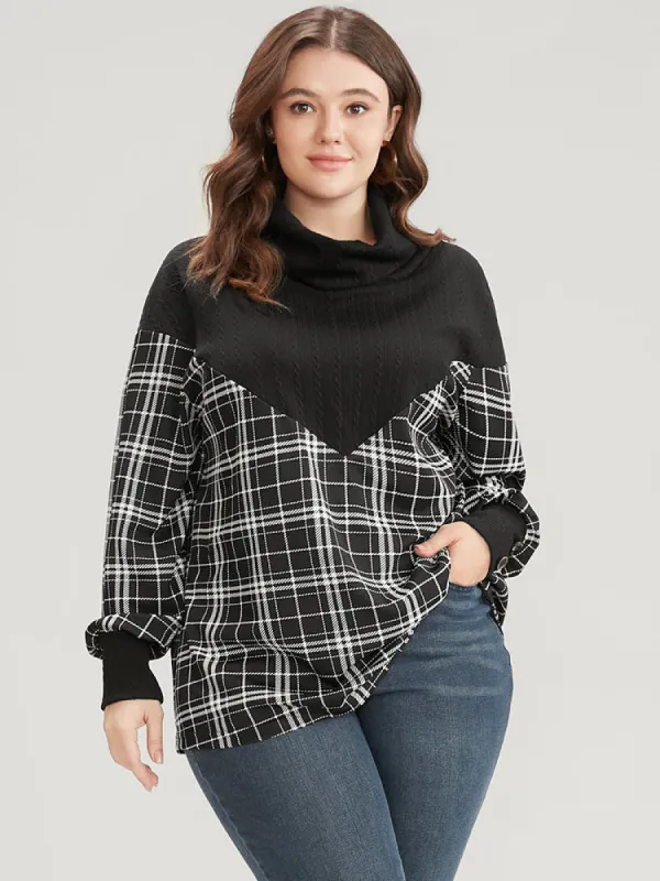 Plaid Patchwork Button Detail Funnel Neck Sweatshirt sold by Bloomchic