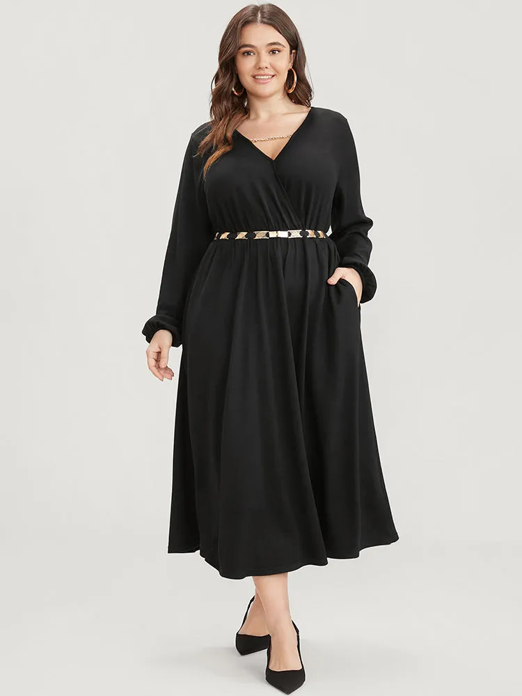Solid Lantern Sleeve Pocket Chain Surplice Neck Midi Dress sold by Bloomchic product image thumbnail 2