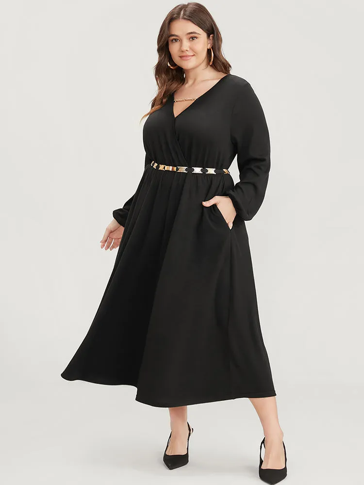 Solid Lantern Sleeve Pocket Chain Surplice Neck Midi Dress sold by Bloomchic product image thumbnail 3