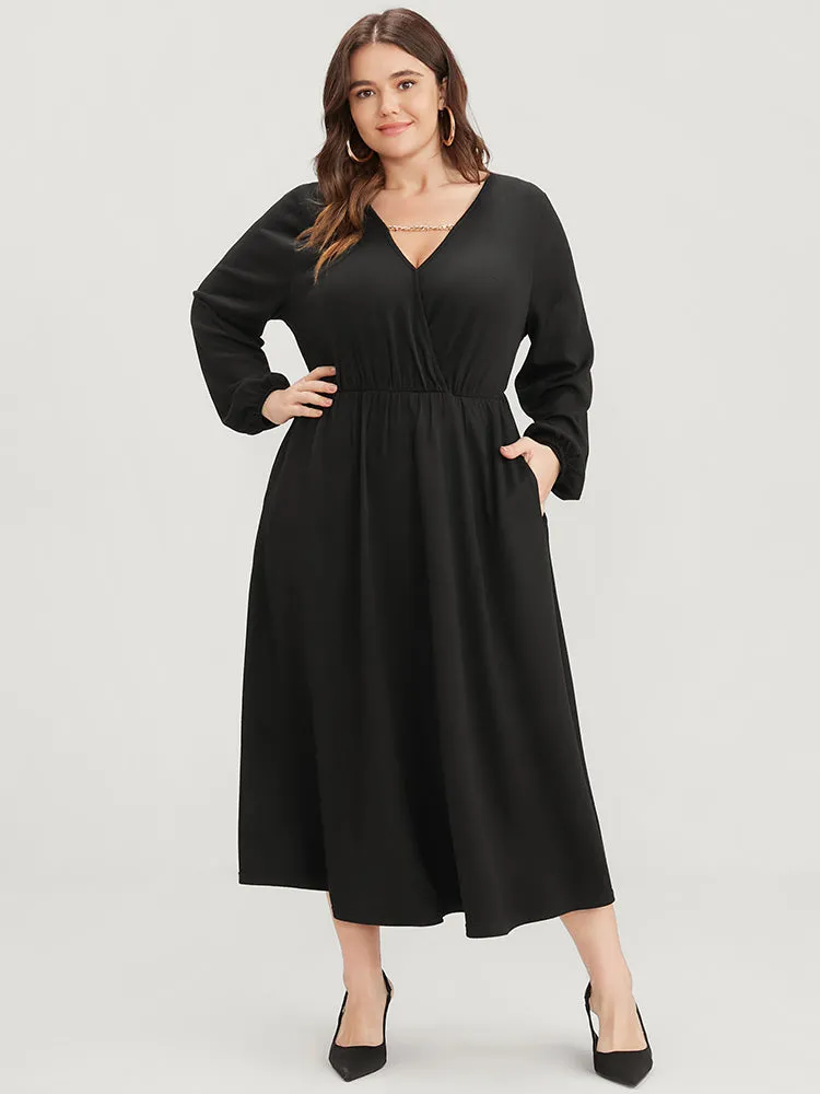 Solid Lantern Sleeve Pocket Chain Surplice Neck Midi Dress sold by Bloomchic product image thumbnail 4